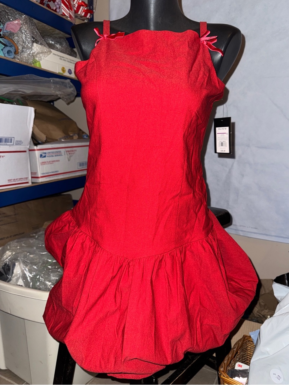 art class Bright Red Ruffled Hem Party Dress